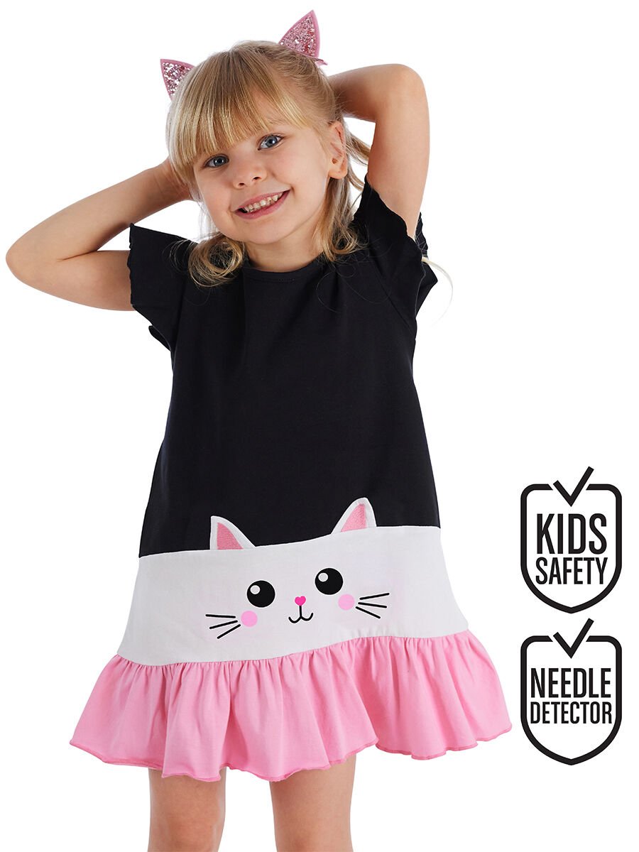 Beyaz Kedi Fırfırlı Kız Çocuk Elbise 8 Y - Siyah, Pembe