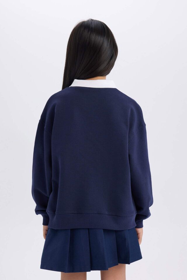 Kız Çocuk Relax Fit Polo Yaka Baskılı Sweatshirt
