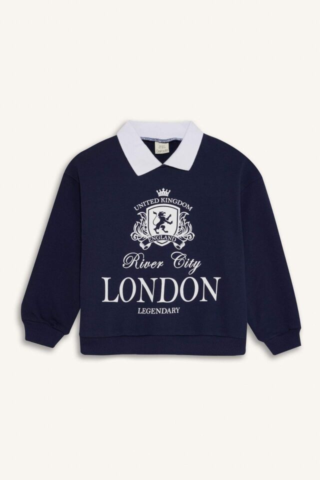Kız Çocuk Relax Fit Polo Yaka Baskılı Sweatshirt