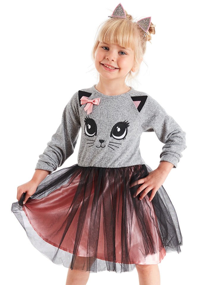 Tüllü Ponçik Kız Çocuk Elbise 5 Y - Gri, Pembe, Siyah