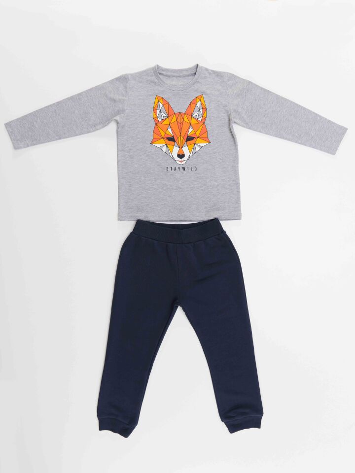 Geometrik Tilki Erkek Çocuk T-shirt Pantolon Takım 7 Y - Gri, Lacivert