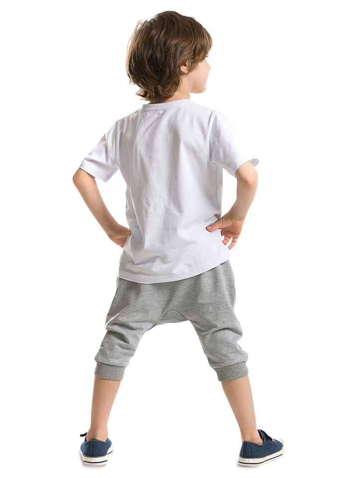 Canavar Cepli Erkek Çocuk T-shirt Kapri Şort Takım 8 Y - Beyaz Gri Mavi