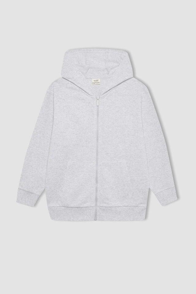 Erkek Çocuk Kapüşonlu Pike Fermuarlı Basic Düz Sweatshirt