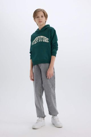 Erkek Çocuk Kapüşonlu Baskılı Cepli Kalın Sweatshirt