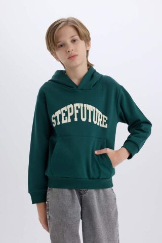 Erkek Çocuk Kapüşonlu Baskılı Cepli Kalın Sweatshirt