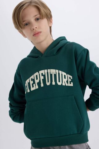 Erkek Çocuk Kapüşonlu Baskılı Cepli Kalın Sweatshirt