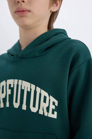 Erkek Çocuk Kapüşonlu Baskılı Cepli Kalın Sweatshirt