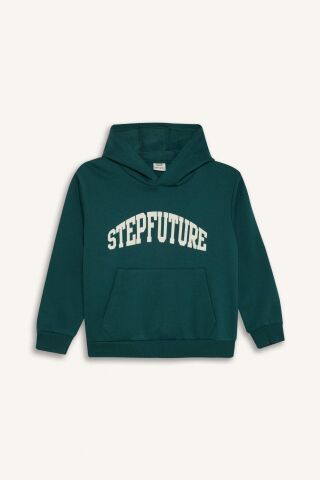 Erkek Çocuk Kapüşonlu Baskılı Cepli Kalın Sweatshirt