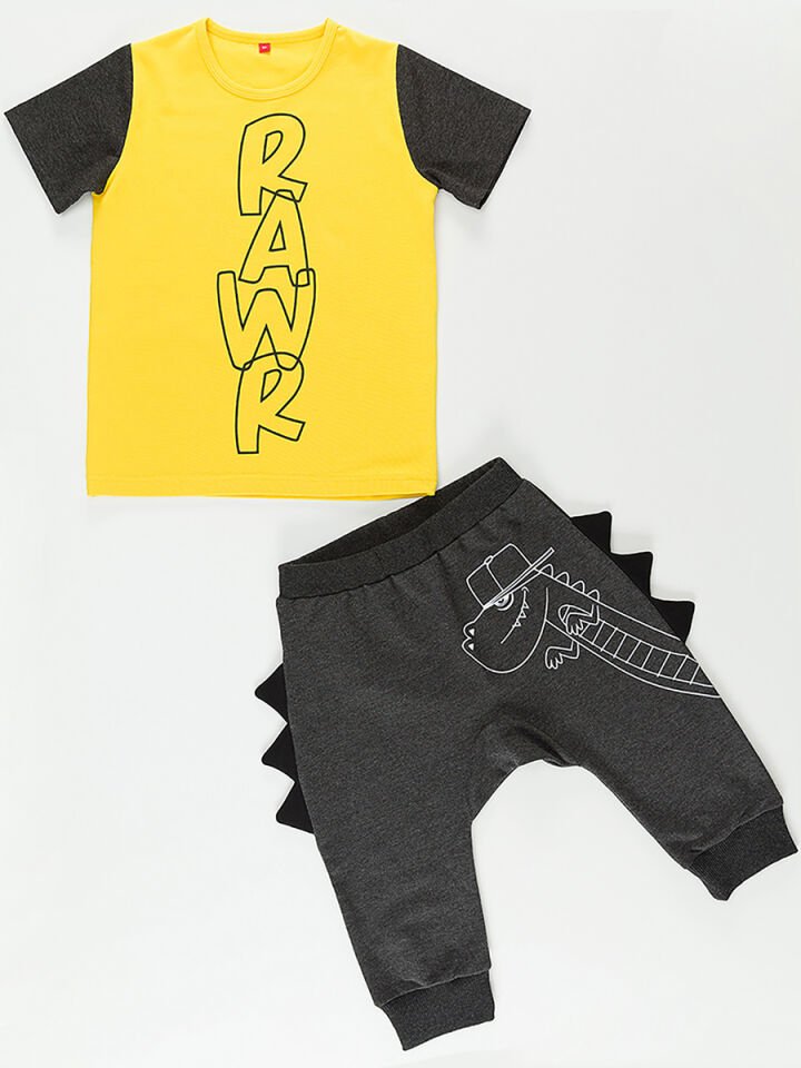 Tırtırlı Rawr Erkek Çocuk T-shirt Kapri Şort Takım 2 Y - Sarı Siyah Füme