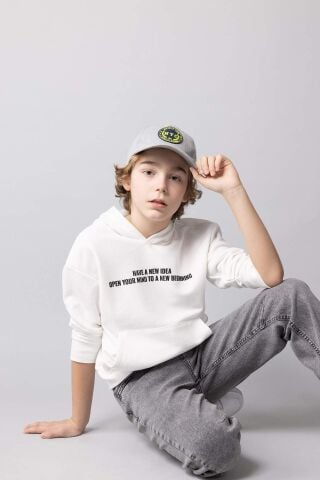 Erkek Çocuk Oversize Geniş Kalıp Kapüşonlu Baskılı Sweatshirt