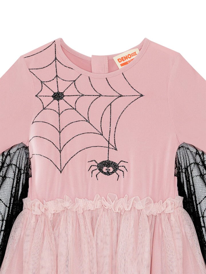 Halloween Örümcek Pembe Tüllü Kız Çocuk Elbise 4-5 Y - Pembe