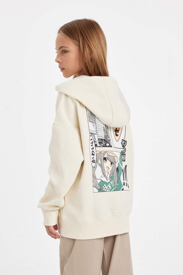 Kız Çocuk Oversize Geniş Kalıp Sırt Baskılı Kapüşonlu Sweatshirt