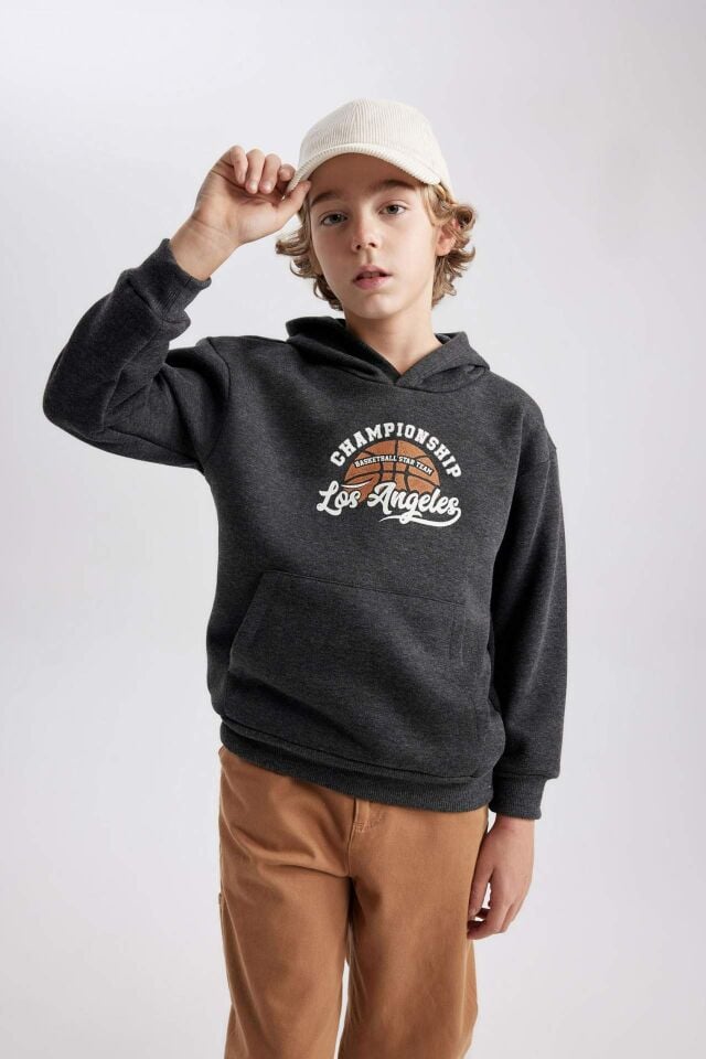 Erkek Çocuk Baskılı Kanguru Cepli Kapüşonlu Sweatshirt