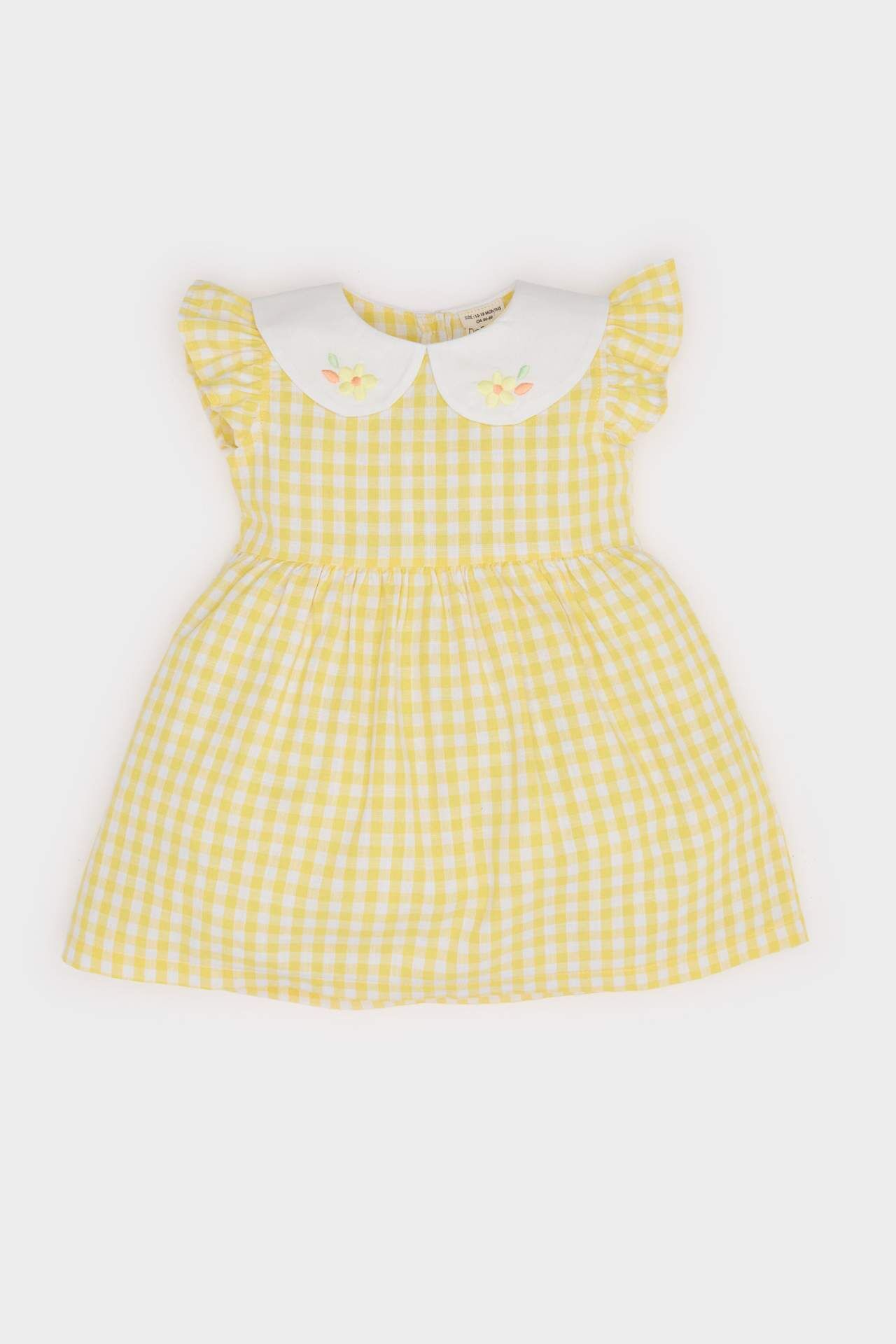 Kız Bebek Bebe Yaka Kareli Kısa Kollu Poplin Elbise