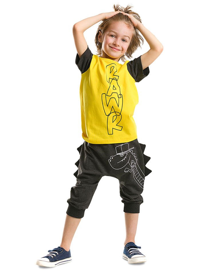 Tırtırlı Rawr Erkek Çocuk T-shirt Kapri Şort Takım 4 Y - Sarı Siyah Füme