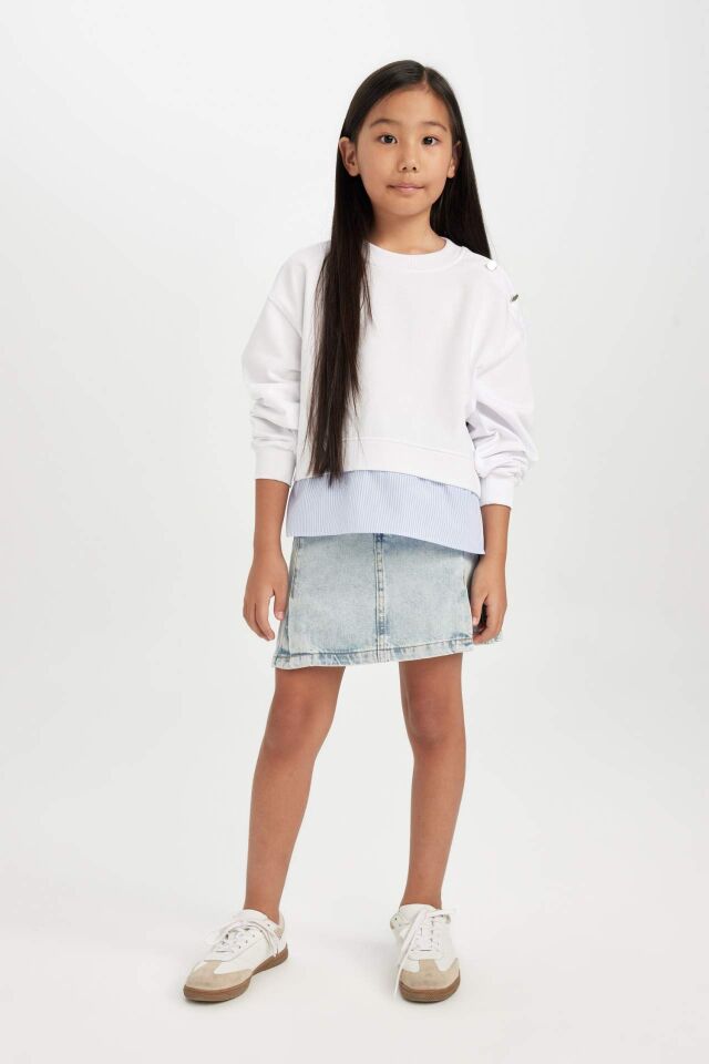 Kız Çocuk Relax Fit Bisiklet Yaka Etek Ucu Detaylı Sweatshirt