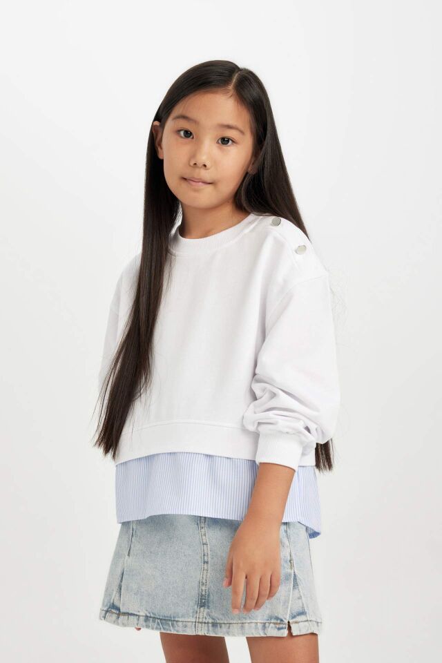 Kız Çocuk Relax Fit Bisiklet Yaka Etek Ucu Detaylı Sweatshirt