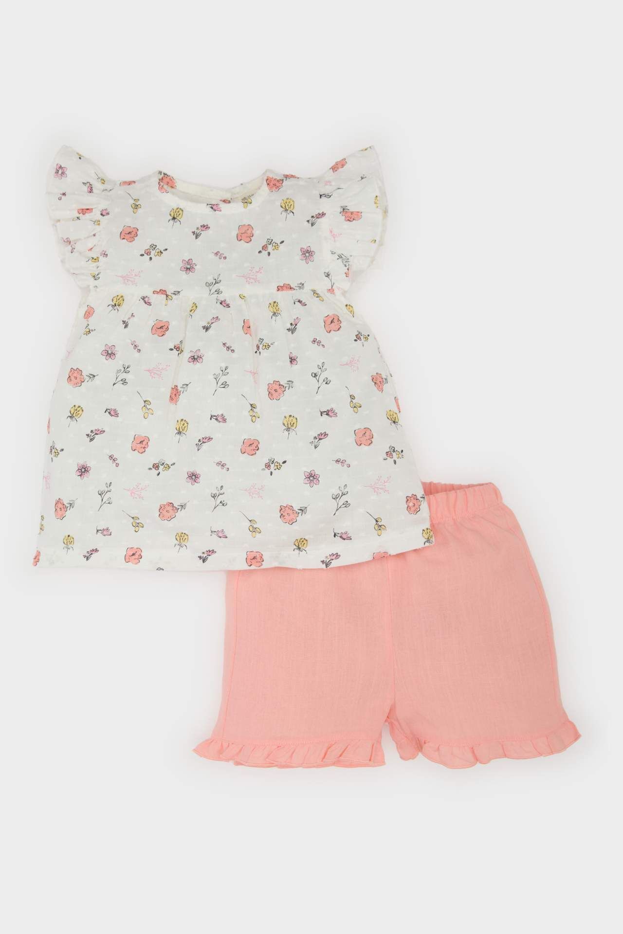Kız Bebek 2'li Takım Çiçekli Flamlı Poplin Kısa Kollu Bluz Beli Lastikli Şort
