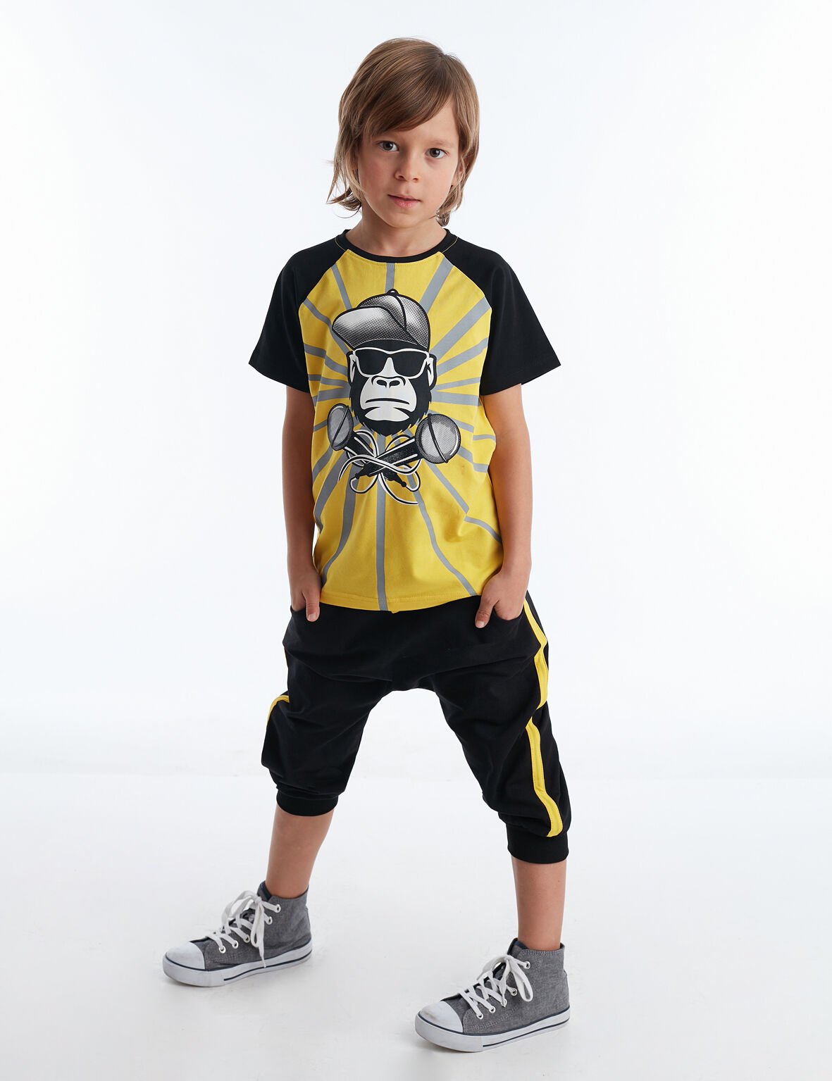 Dj Ape Erkek Çocuk T-shirt Kapri Şort Takım 5 Y - Sarı Siyah