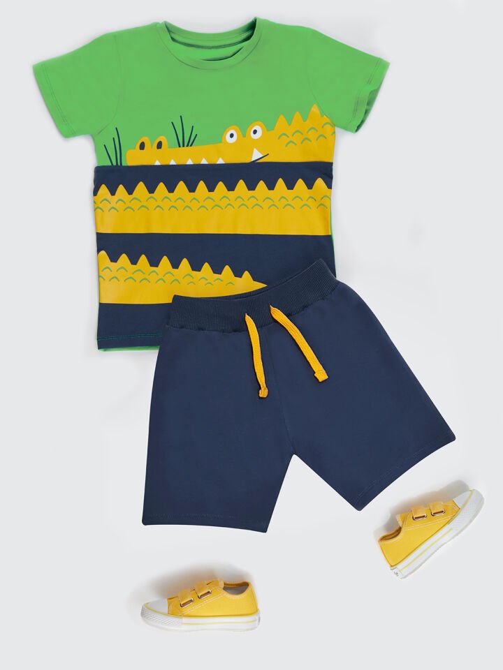 Sarmaşık Timsah Erkek Çocuk T-shirt Şort Takım 3 Y - Lacivert Yeşil