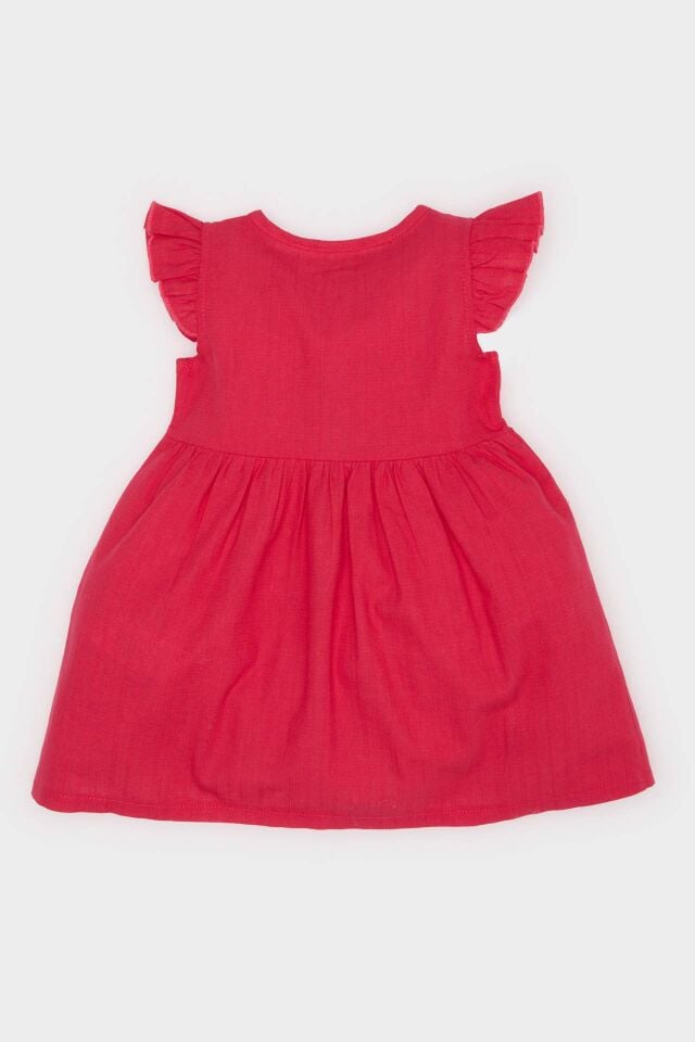 Kız Bebek Basic Düz Kısa Kollu Flamlı Poplin Elbise