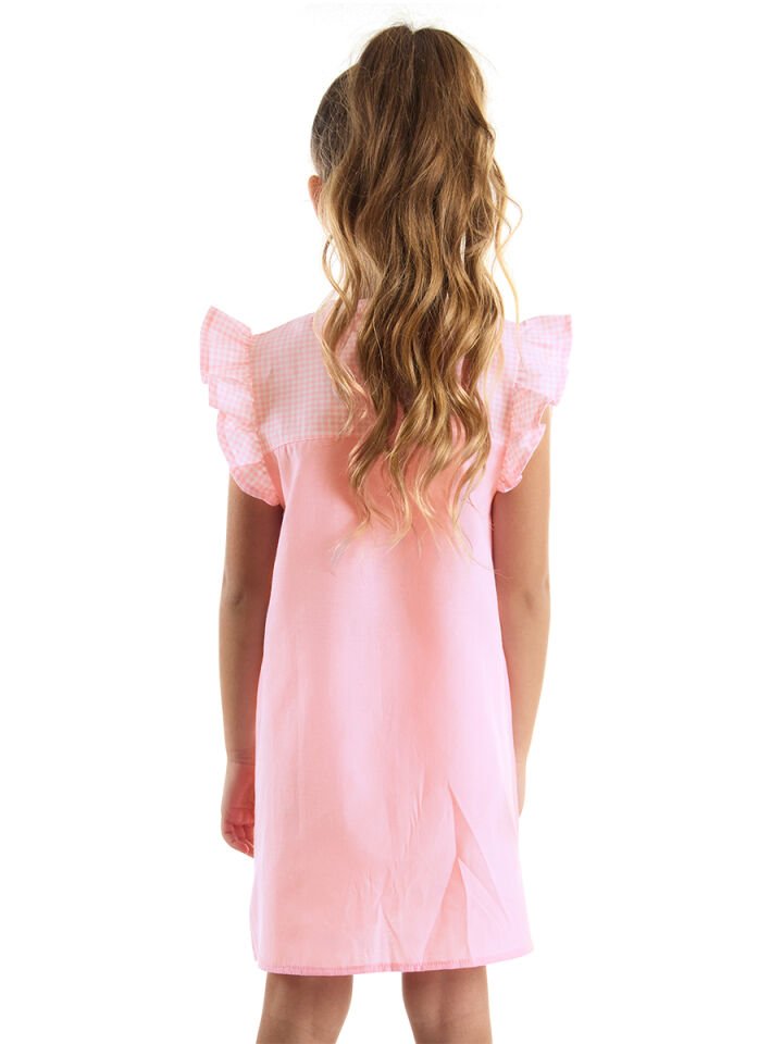 Kanatlı Unicorn Ekoseli Kız Çocuk Pembe Elbise