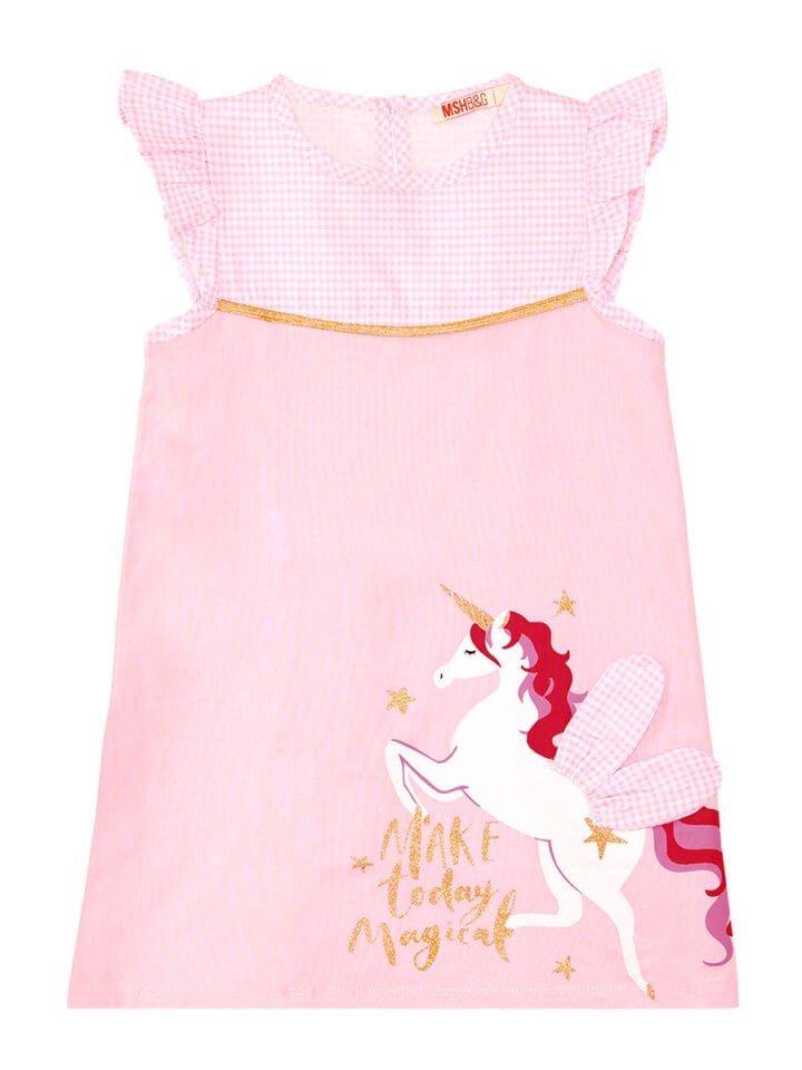 Kanatlı Unicorn Ekoseli Kız Çocuk Pembe Elbise