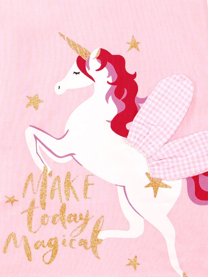 Kanatlı Unicorn Ekoseli Kız Çocuk Pembe Elbise