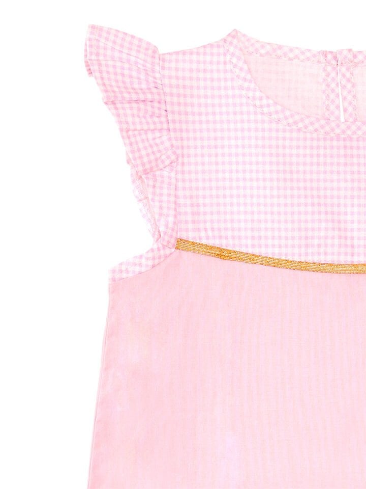 Kanatlı Unicorn Ekoseli Kız Çocuk Pembe Elbise