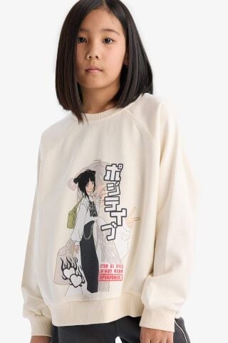 Kız Çocuk Relax Fit Bisiklet Yaka Anime Baskılı Sweatshirt