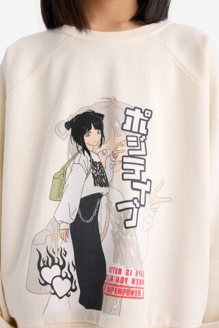 Kız Çocuk Relax Fit Bisiklet Yaka Anime Baskılı Sweatshirt