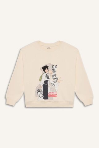 Kız Çocuk Relax Fit Bisiklet Yaka Anime Baskılı Sweatshirt