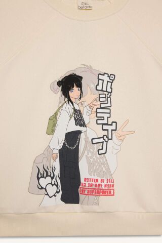 Kız Çocuk Relax Fit Bisiklet Yaka Anime Baskılı Sweatshirt