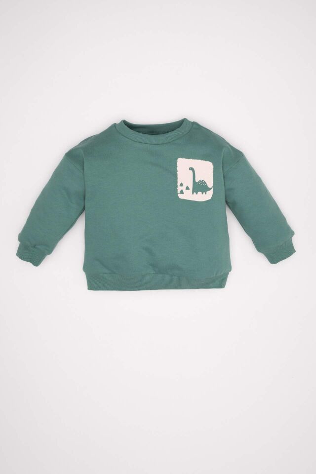 Erkek Bebek Yeşil Bisiklet Yaka Dinazor Baskılı İçi Yumuşak Tüylü İnce Sweatshirt