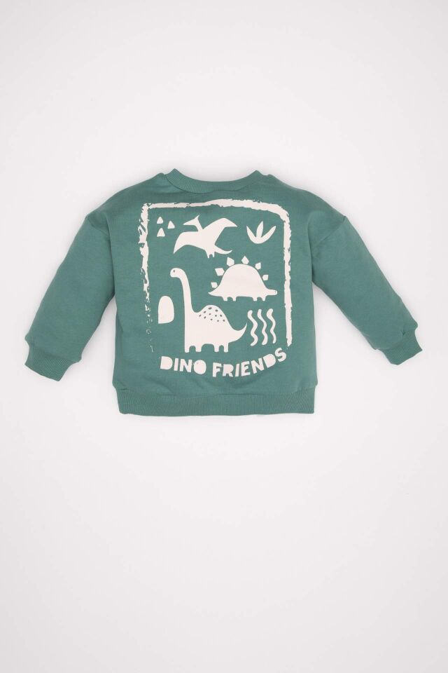 Erkek Bebek Yeşil Bisiklet Yaka Dinazor Baskılı İçi Yumuşak Tüylü İnce Sweatshirt