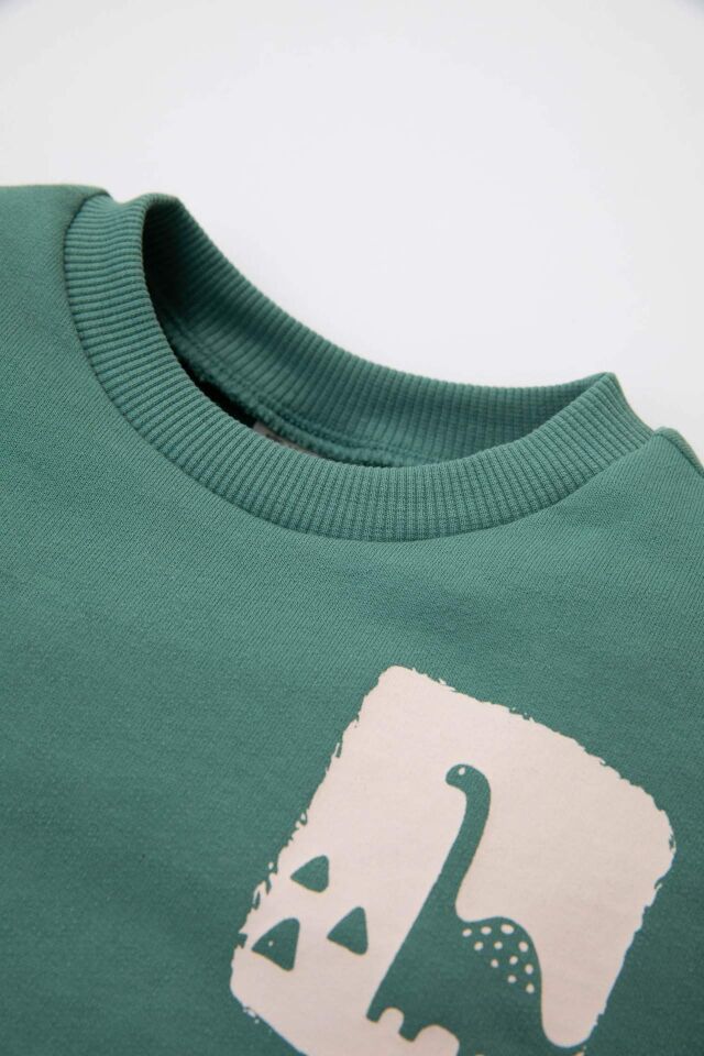 Erkek Bebek Yeşil Bisiklet Yaka Dinazor Baskılı İçi Yumuşak Tüylü İnce Sweatshirt