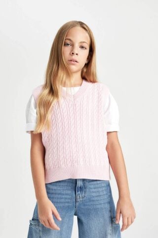 Kız Çocuk Standart Fit V Yaka Örgü Desenli Basic Düz Triko Süveter