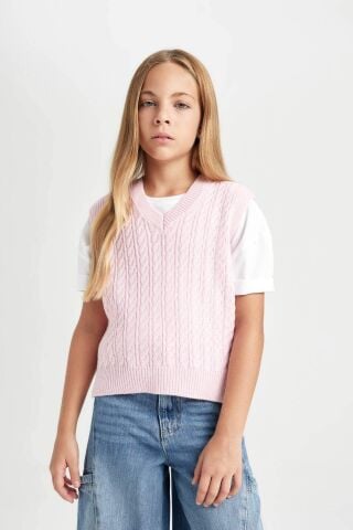 Kız Çocuk Standart Fit V Yaka Örgü Desenli Basic Düz Triko Süveter