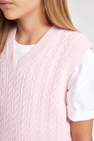 Kız Çocuk Standart Fit V Yaka Örgü Desenli Basic Düz Triko Süveter