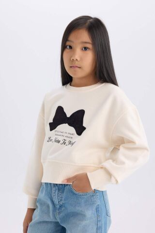 Kız Çocuk Yılbaşı Temalı Relax Fit Bisiklet Yaka Baskılı İçi Yumuşak Tüylü Sweatshirt