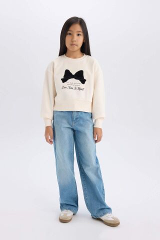 Kız Çocuk Yılbaşı Temalı Relax Fit Bisiklet Yaka Baskılı İçi Yumuşak Tüylü Sweatshirt