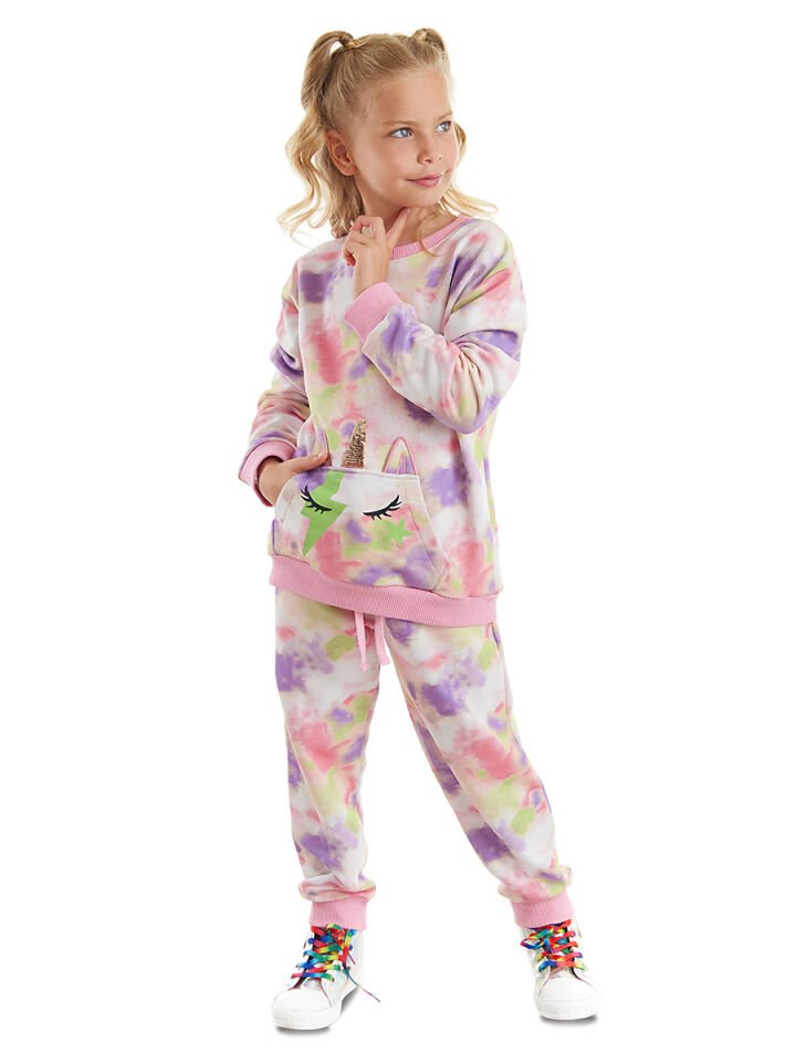 Unicorn Batik Desenli Kız Çocuk Eşofman Takım 7 Y - Pembe, Yeşil