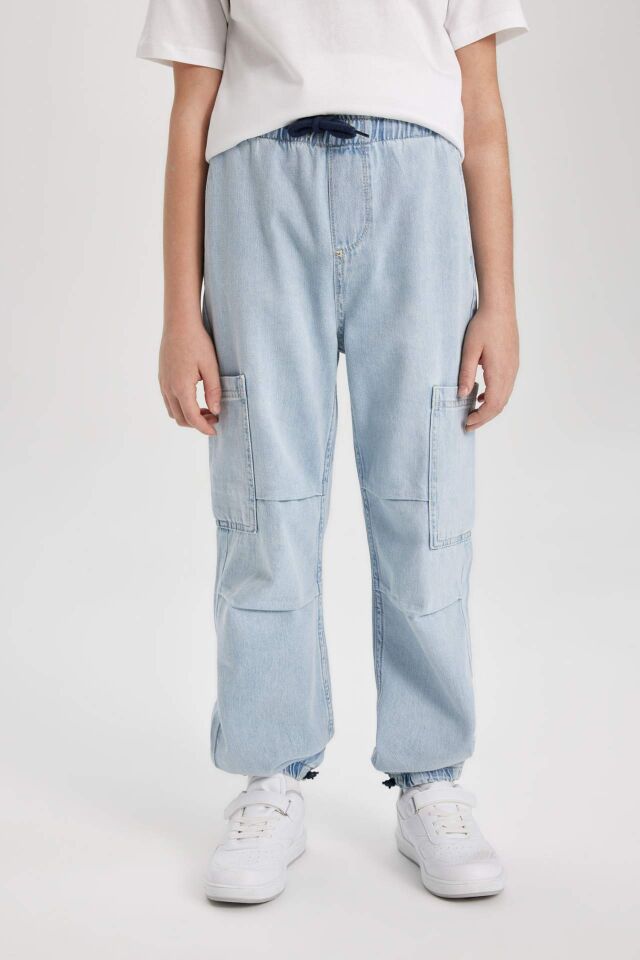 Erkek Çocuk Beli Bağcıklı Lastikli Paça Cepli Jogger Paraşüt Kargo Jean Pantolon
