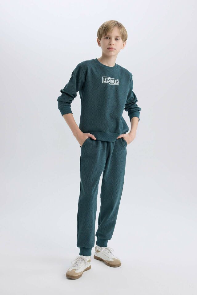 Erkek Çocuk 2'li Takım Bisiklet Yaka Baskılı Sweatshirt Beli Lastikli Eşofman Altı