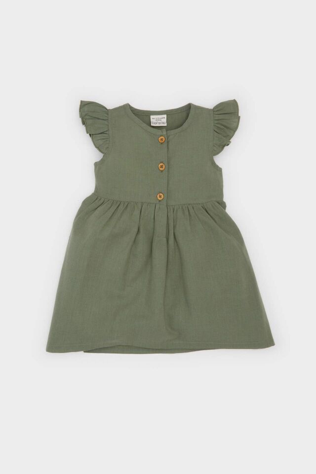 Kız Bebek Basic Düz Kısa Kollu Flamlı Poplin Elbise
