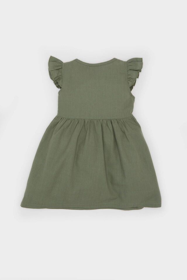 Kız Bebek Basic Düz Kısa Kollu Flamlı Poplin Elbise