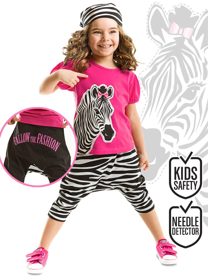 Zebra Fashion Kız Çocuk T-shirt Kapri Şort Takım 2 Y - Pembe, Siyah, Beyaz