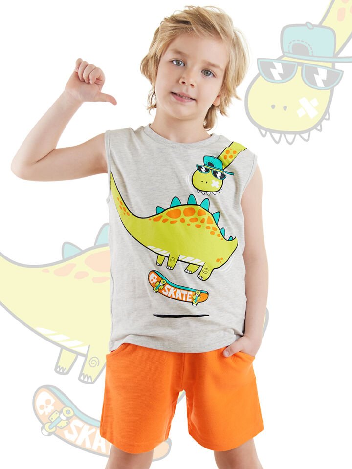 Kaykay Dino Erkek Çocuk T-shirt Şort Takım 7 Y - Turuncu