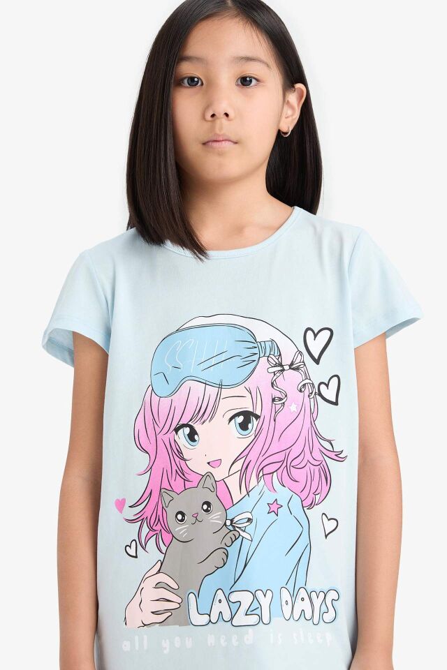 Kız Çocuk Anime Baskılı Kısa Kollu Elbise
