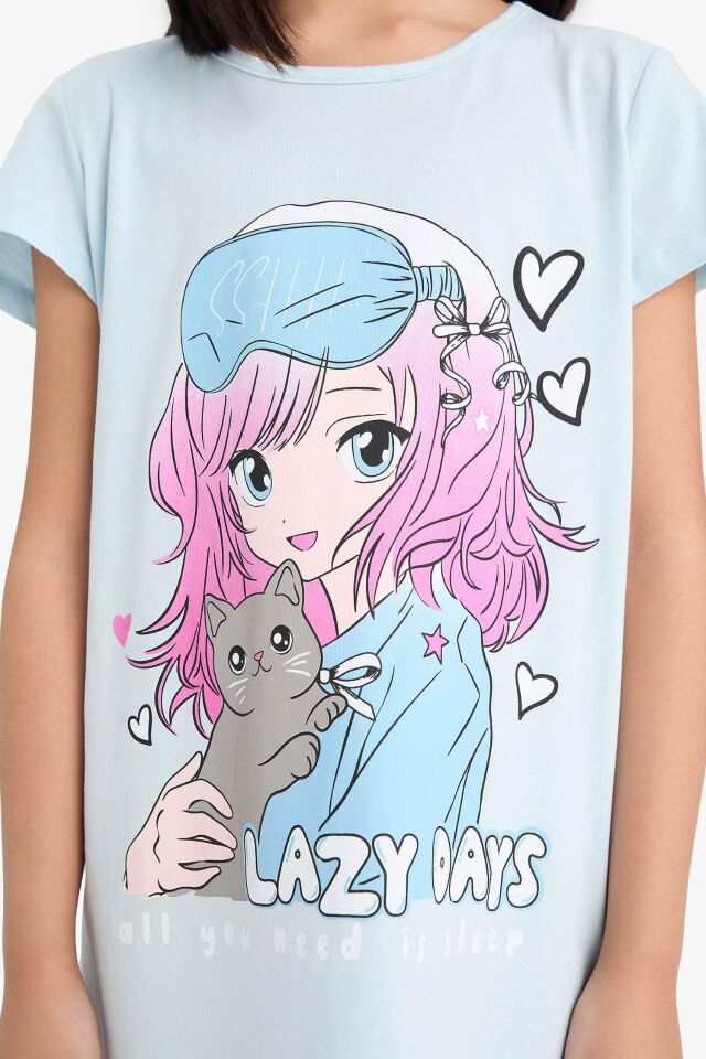 Kız Çocuk Anime Baskılı Kısa Kollu Elbise